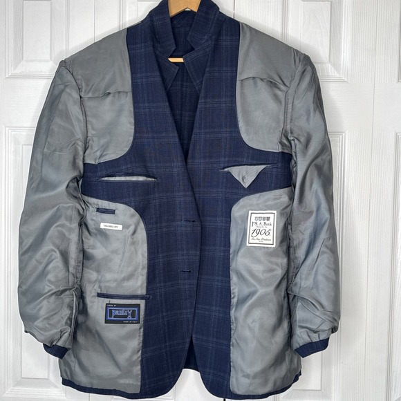 Jos A Bank Linen Tailored Fit 44S Blue‎ Window pane Plaid Men's Blazer EUC - Picture 10 of 16